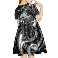 Personalised New Zealand Maori Taniwha Kid Short Sleeve Dress Silver Fern Black Version LT05 - Polynesian Pride