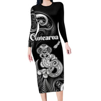Personalised New Zealand Maori Taniwha Long Sleeve Bodycon Dress Silver Fern Black Version LT05 Long Dress Black - Polynesian Pride