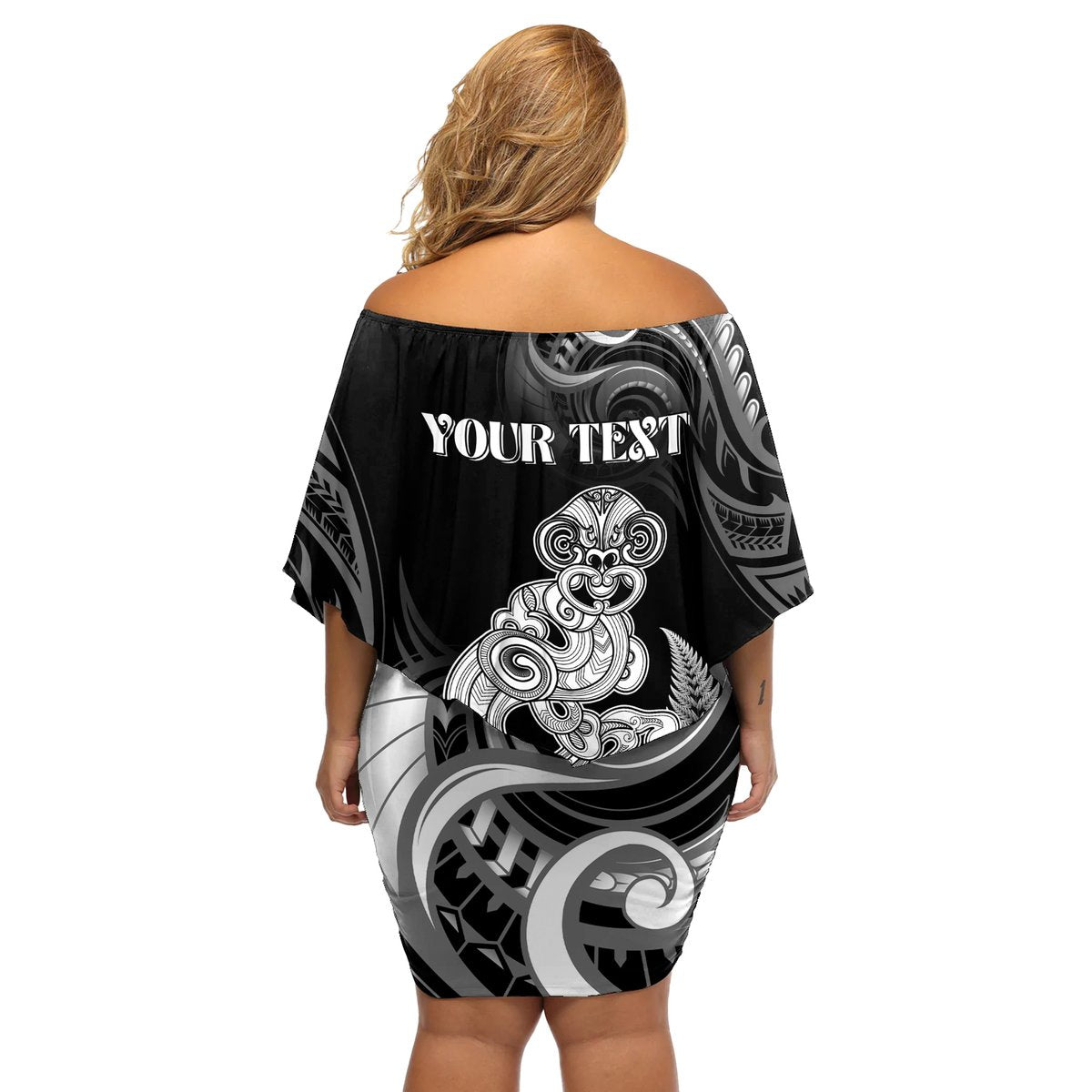 Personalised New Zealand Maori Taniwha Off Shoulder Short Dress Silver Fern Black Version LT05 - Polynesian Pride