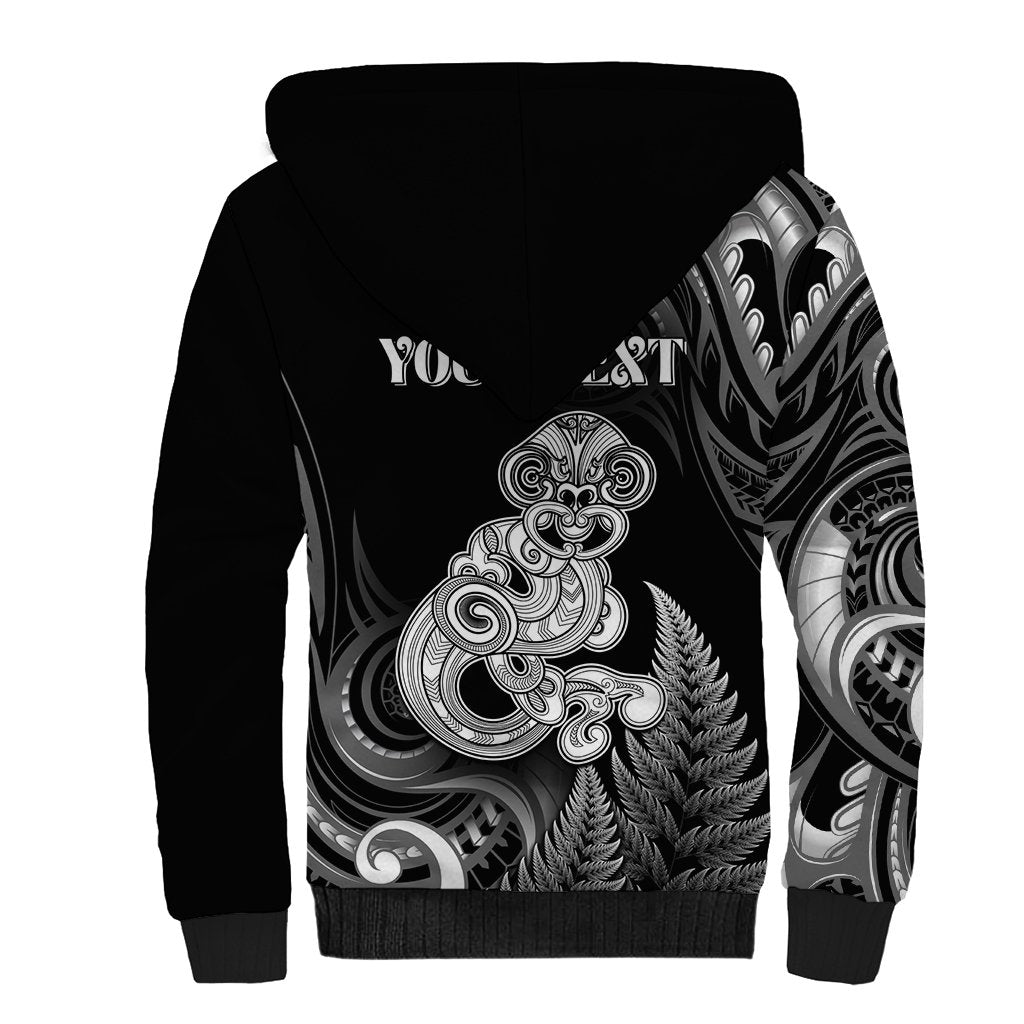 Personalised New Zealand Maori Taniwha Sherpa Hoodie Silver Fern Black Version LT05 - Polynesian Pride