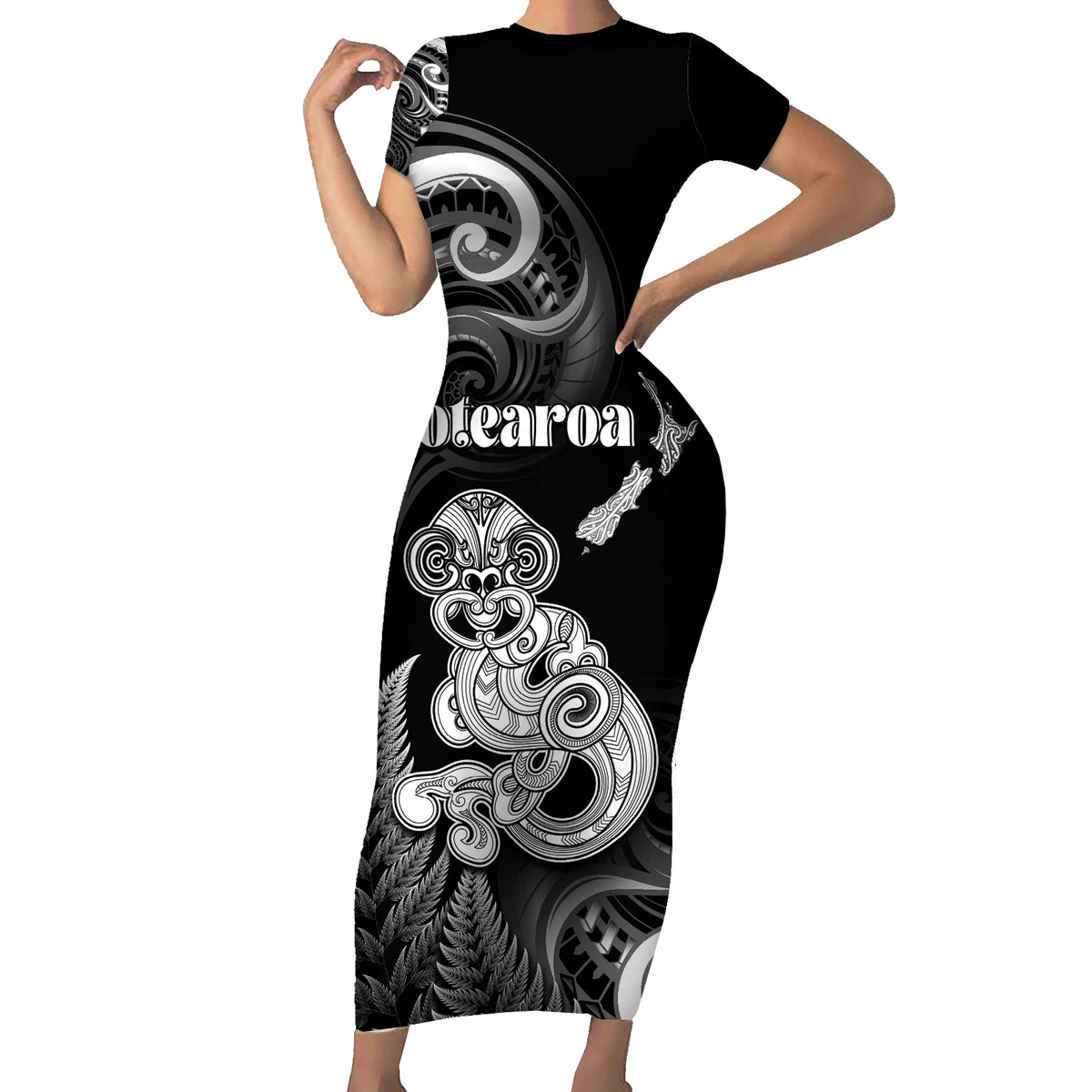 Personalised New Zealand Maori Taniwha Short Sleeve Bodycon Dress Silver Fern Black Version LT05 Long Dress Black - Polynesian Pride