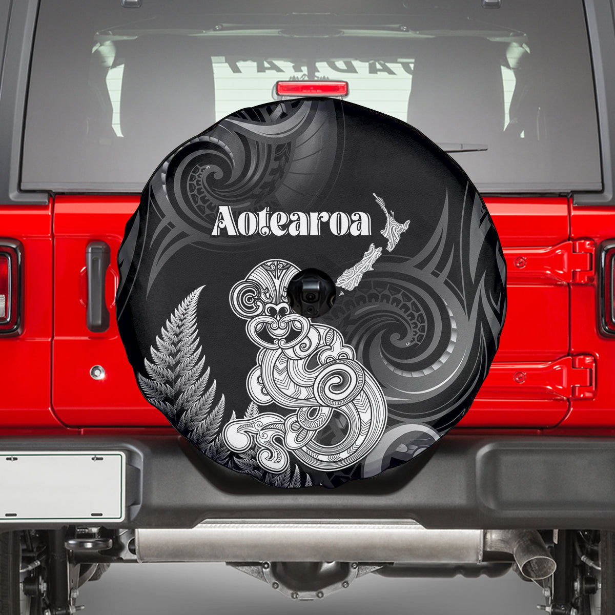 New Zealand Maori Taniwha Spare Tire Cover Silver Fern Black Version LT05 - Polynesian Pride