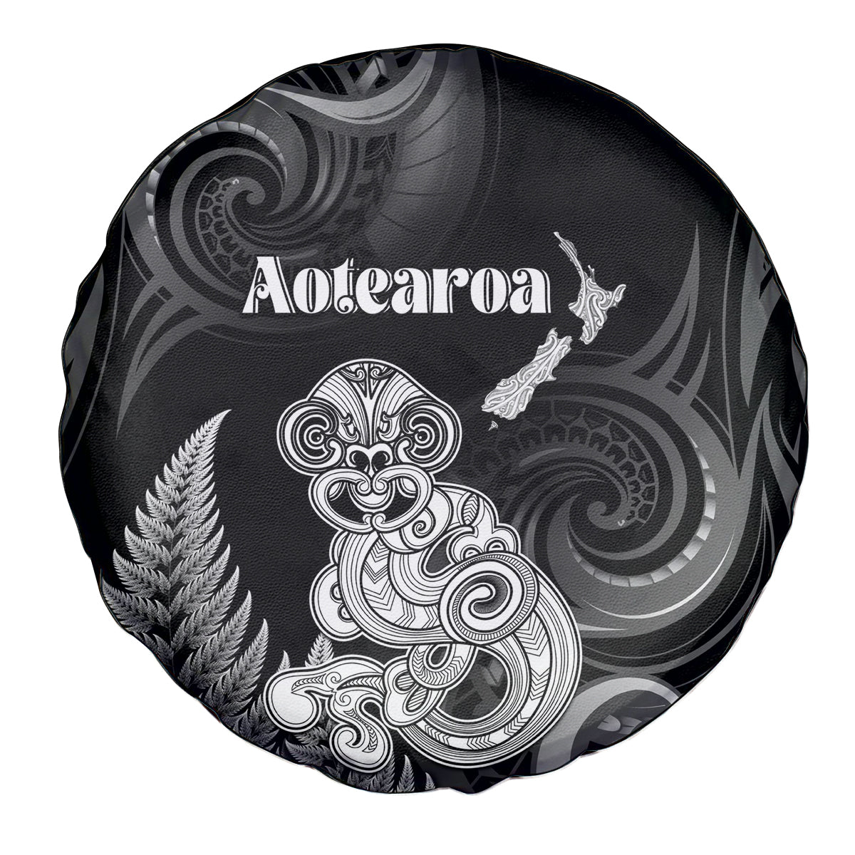 New Zealand Maori Taniwha Spare Tire Cover Silver Fern Black Version LT05 - Polynesian Pride
