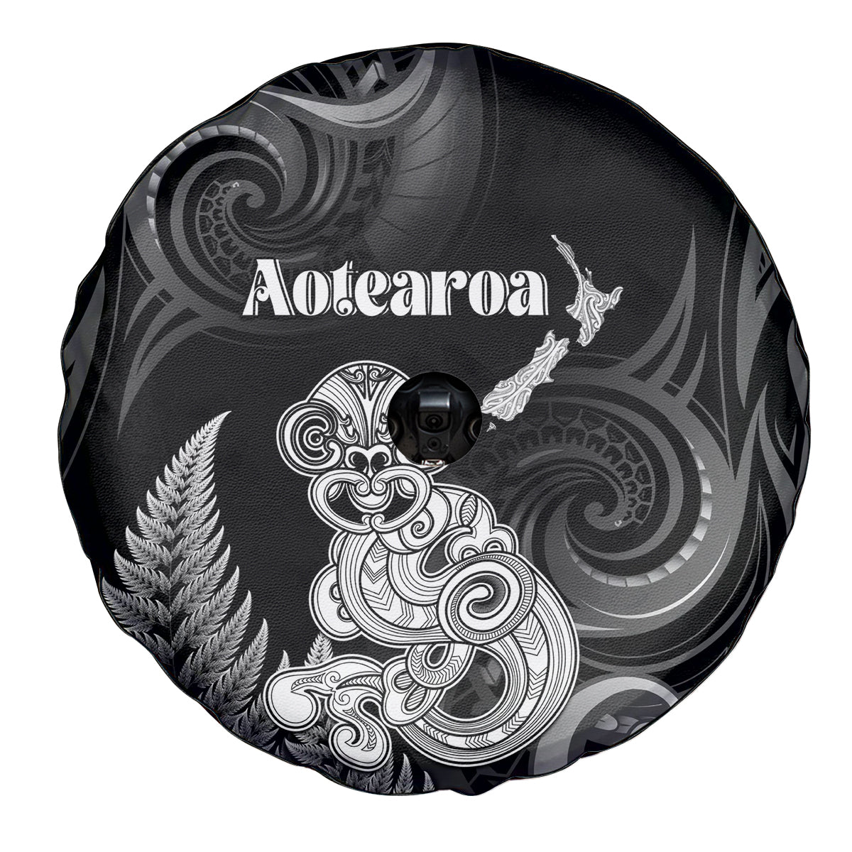 New Zealand Maori Taniwha Spare Tire Cover Silver Fern Black Version LT05 - Polynesian Pride
