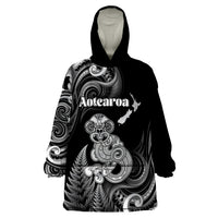 Personalised New Zealand Maori Taniwha Wearable Blanket Hoodie Silver Fern Black Version LT05 One Size Black - Polynesian Pride