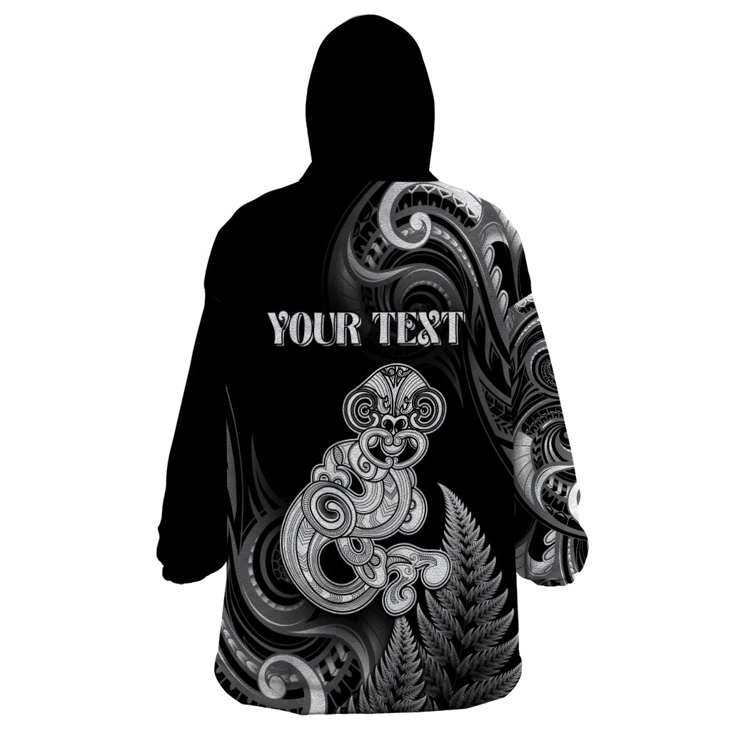 Personalised New Zealand Maori Taniwha Wearable Blanket Hoodie Silver Fern Black Version LT05 - Polynesian Pride