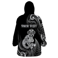 Personalised New Zealand Maori Taniwha Wearable Blanket Hoodie Silver Fern Black Version LT05 - Polynesian Pride