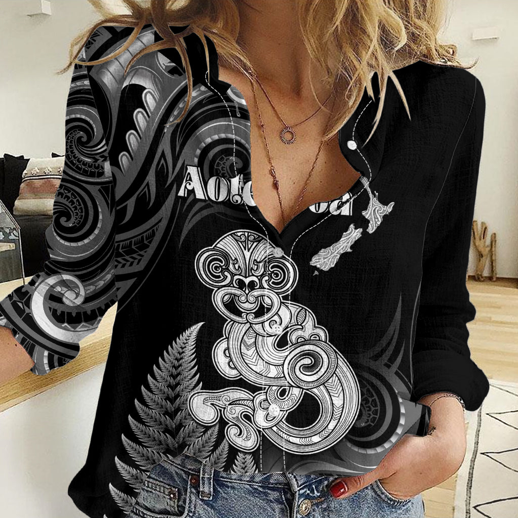 Personalised New Zealand Maori Taniwha Women Casual Shirt Silver Fern Black Version LT05 Female Black - Polynesian Pride