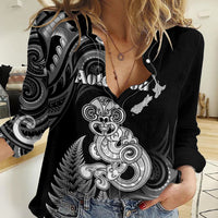 Personalised New Zealand Maori Taniwha Women Casual Shirt Silver Fern Black Version LT05 Female Black - Polynesian Pride