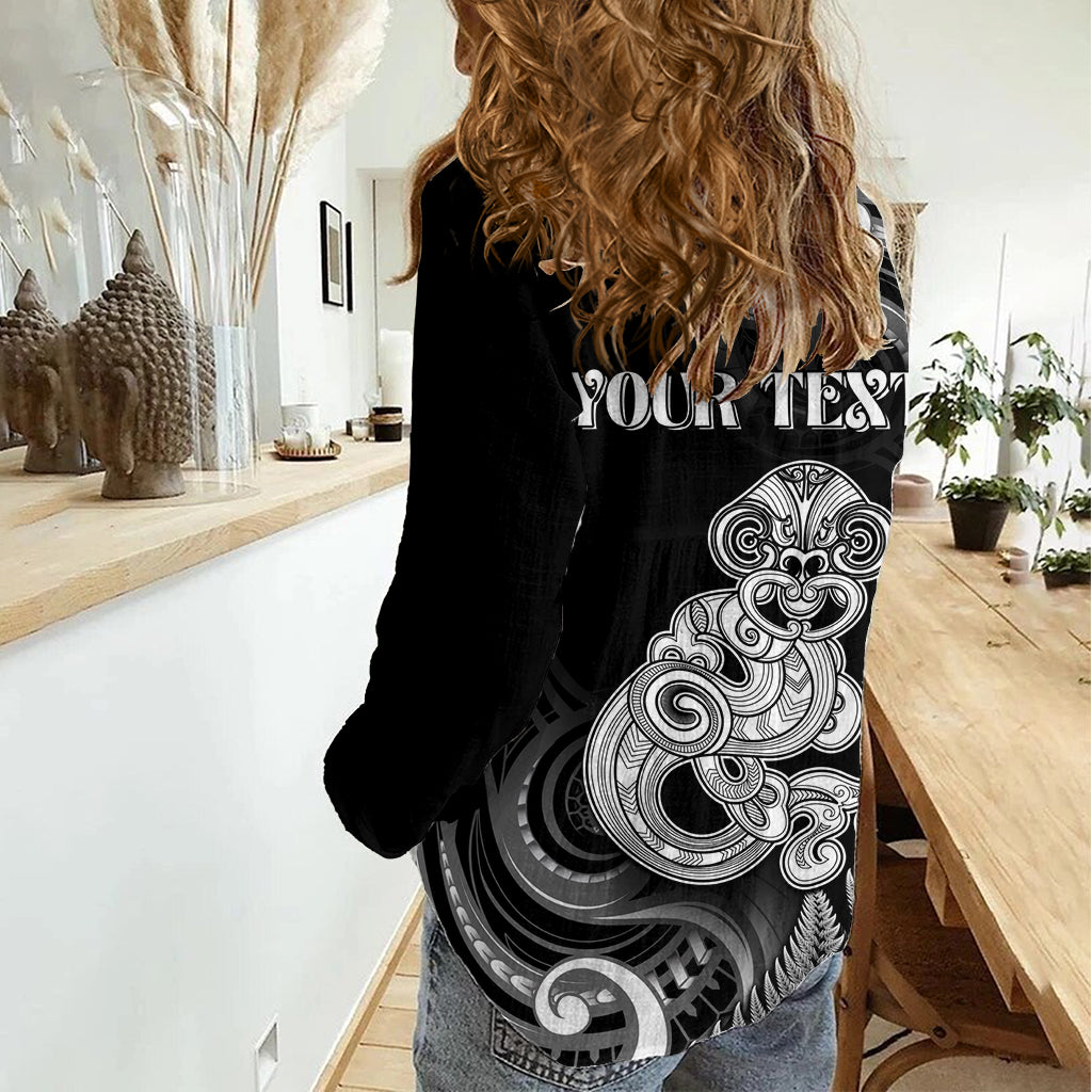 Personalised New Zealand Maori Taniwha Women Casual Shirt Silver Fern Black Version LT05 - Polynesian Pride