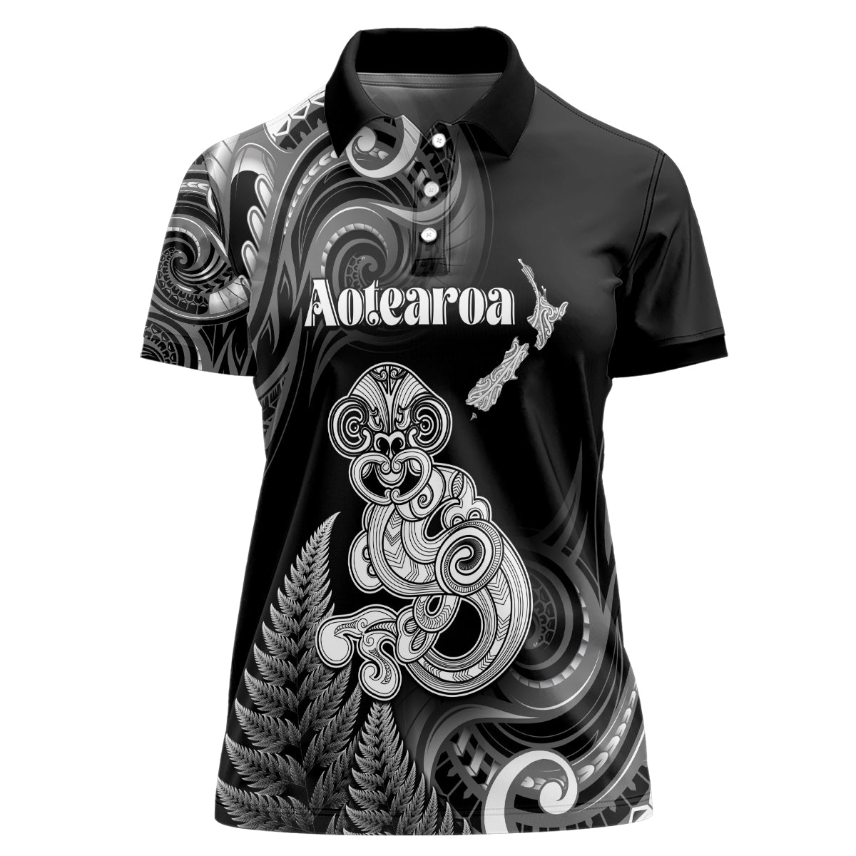 Personalised New Zealand Maori Taniwha Women Polo Shirt Silver Fern Black Version LT05 Female Black - Polynesian Pride