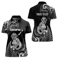 Personalised New Zealand Maori Taniwha Women Polo Shirt Silver Fern Black Version LT05 - Polynesian Pride