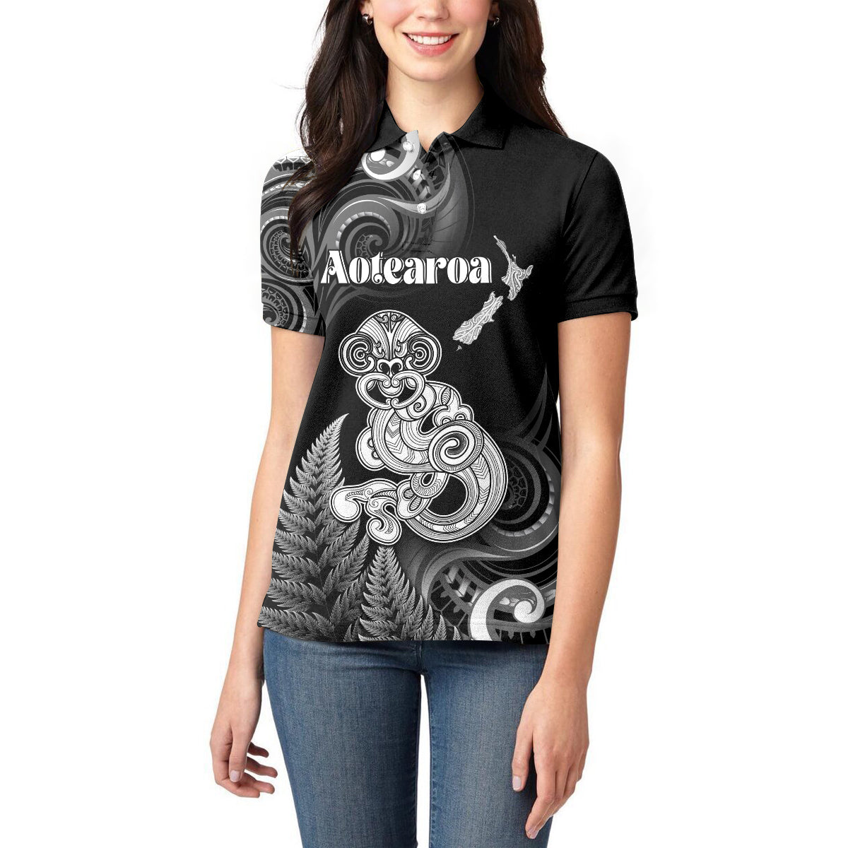 Personalised New Zealand Maori Taniwha Women Polo Shirt Silver Fern Black Version LT05 - Polynesian Pride