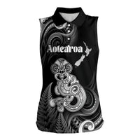 Personalised New Zealand Maori Taniwha Women Sleeveless Polo Shirt Silver Fern Black Version LT05 Female Black - Polynesian Pride