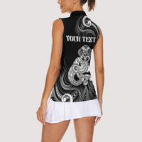 Personalised New Zealand Maori Taniwha Women Sleeveless Polo Shirt Silver Fern Black Version LT05 - Polynesian Pride