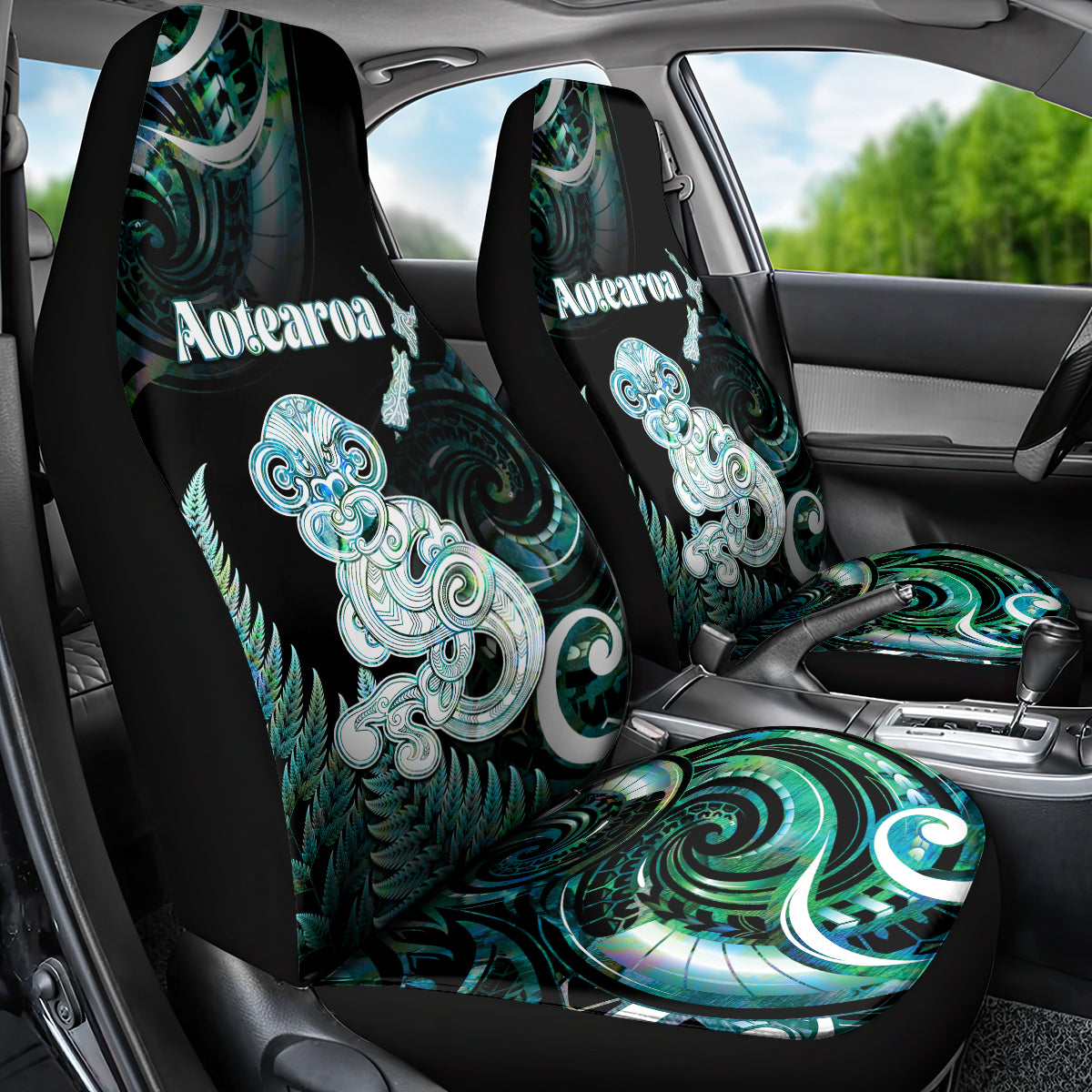 New Zealand Maori Taniwha Car Seat Cover Silver Fern Paua Shell Version