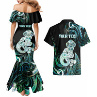 Personalised New Zealand Maori Taniwha Couples Matching Mermaid Dress and Hawaiian Shirt Silver Fern Paua Shell Version LT05 - Polynesian Pride