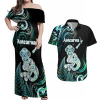 Personalised New Zealand Maori Taniwha Couples Matching Off Shoulder Maxi Dress and Hawaiian Shirt Silver Fern Paua Shell Version LT05 Turquoise - Polynesian Pride