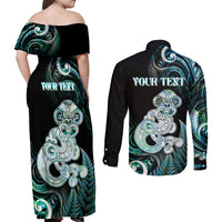 Personalised New Zealand Maori Taniwha Couples Matching Off Shoulder Maxi Dress and Long Sleeve Button Shirt Silver Fern Paua Shell Version LT05 - Polynesian Pride