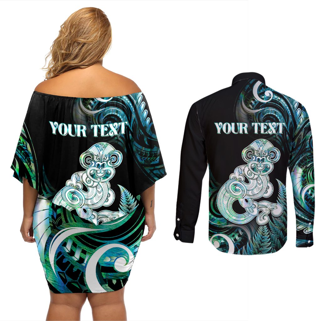 Personalised New Zealand Maori Taniwha Couples Matching Off Shoulder Short Dress and Long Sleeve Button Shirt Silver Fern Paua Shell Version LT05 - Polynesian Pride