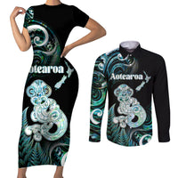 Personalised New Zealand Maori Taniwha Couples Matching Short Sleeve Bodycon Dress and Long Sleeve Button Shirt Silver Fern Paua Shell Version LT05 Turquoise - Polynesian Pride