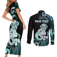 Personalised New Zealand Maori Taniwha Couples Matching Short Sleeve Bodycon Dress and Long Sleeve Button Shirt Silver Fern Paua Shell Version LT05 - Polynesian Pride
