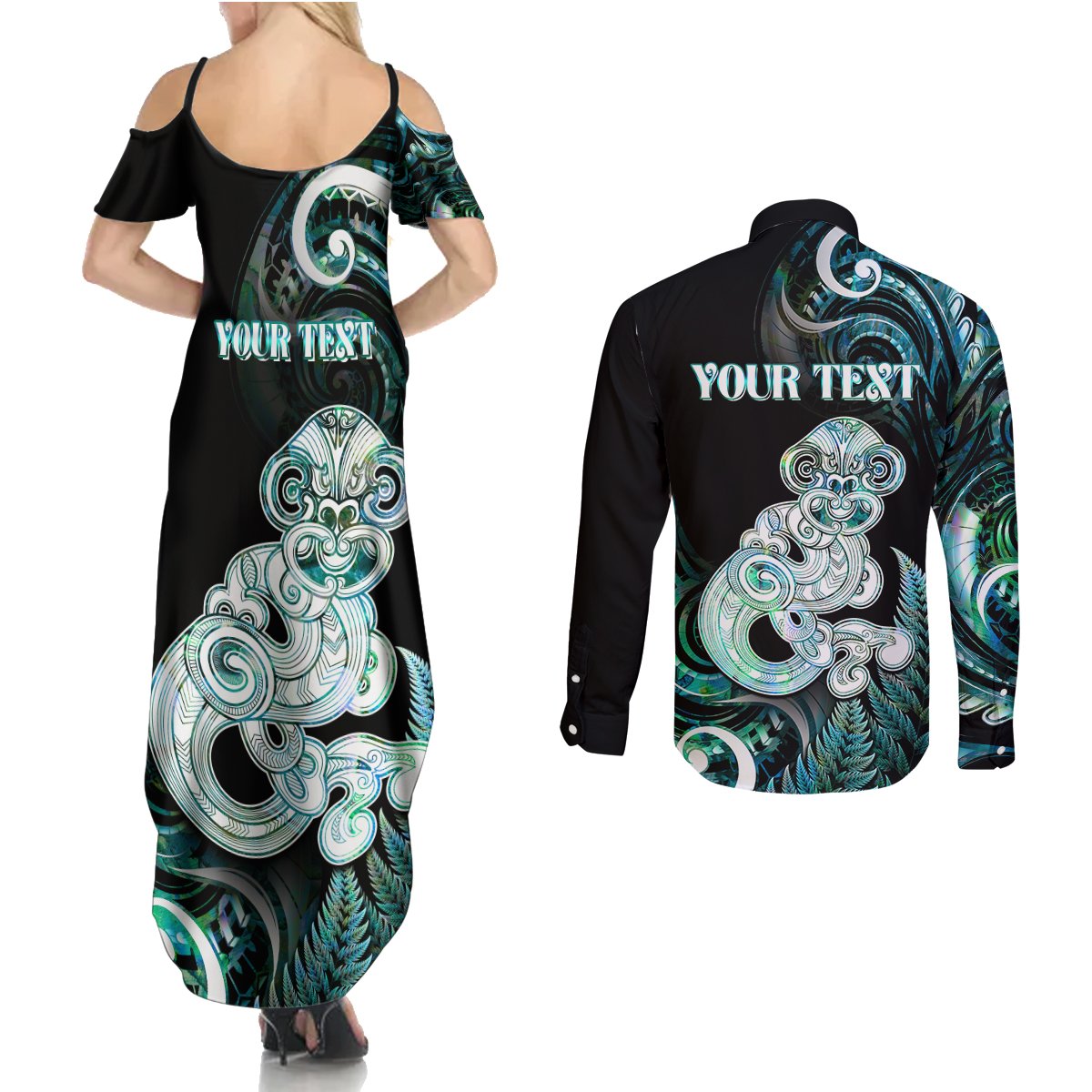 Personalised New Zealand Maori Taniwha Couples Matching Summer Maxi Dress and Long Sleeve Button Shirt Silver Fern Paua Shell Version LT05 - Polynesian Pride