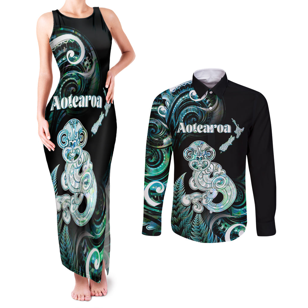Personalised New Zealand Maori Taniwha Couples Matching Tank Maxi Dress and Long Sleeve Button Shirt Silver Fern Paua Shell Version LT05 Turquoise - Polynesian Pride