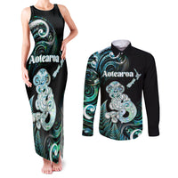 Personalised New Zealand Maori Taniwha Couples Matching Tank Maxi Dress and Long Sleeve Button Shirt Silver Fern Paua Shell Version LT05 Turquoise - Polynesian Pride