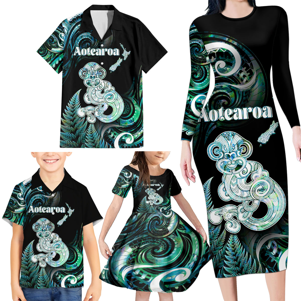 Personalised New Zealand Maori Taniwha Family Matching Long Sleeve Bodycon Dress and Hawaiian Shirt Silver Fern Paua Shell Version LT05 - Polynesian Pride