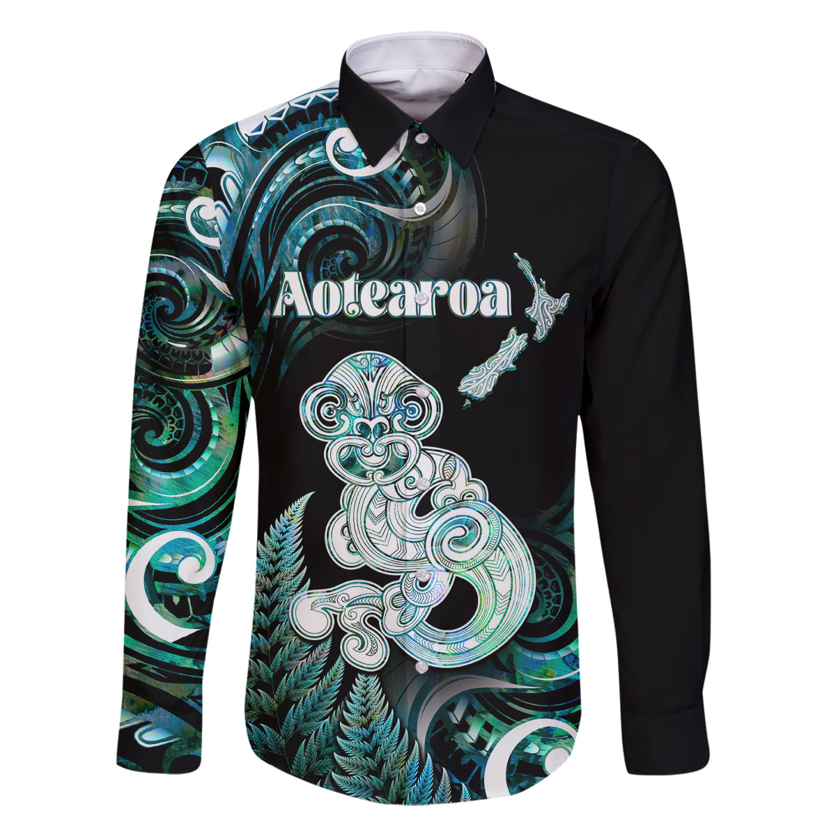 Personalised New Zealand Maori Taniwha Family Matching Mermaid Dress and Hawaiian Shirt Silver Fern Paua Shell Version LT05 Dad's Shirt - Long Sleeve Turquoise - Polynesian Pride