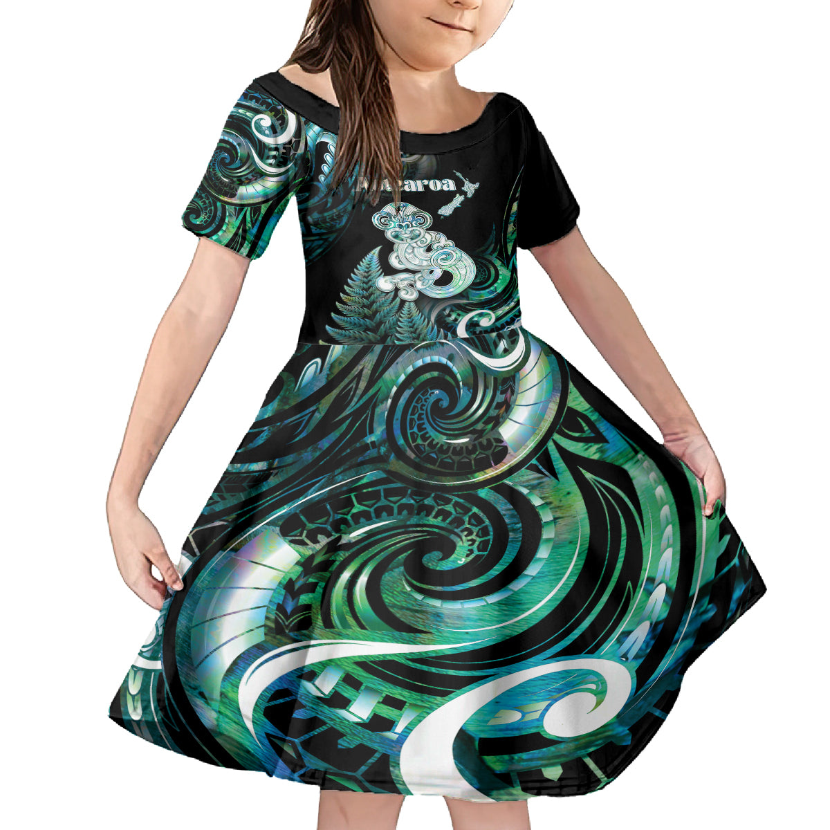 Personalised New Zealand Maori Taniwha Family Matching Off The Shoulder Long Sleeve Dress and Hawaiian Shirt Silver Fern Paua Shell Version LT05 Daughter's Dress Turquoise - Polynesian Pride