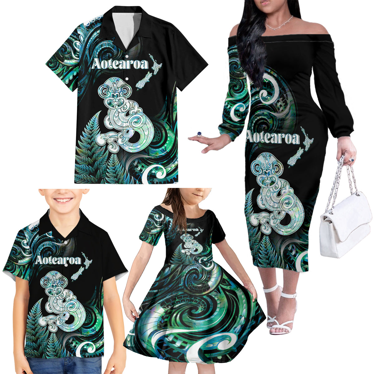 Personalised New Zealand Maori Taniwha Family Matching Off The Shoulder Long Sleeve Dress and Hawaiian Shirt Silver Fern Paua Shell Version LT05 - Polynesian Pride