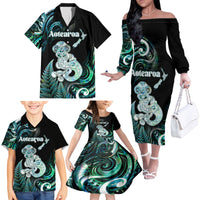 Personalised New Zealand Maori Taniwha Family Matching Off The Shoulder Long Sleeve Dress and Hawaiian Shirt Silver Fern Paua Shell Version LT05 - Polynesian Pride