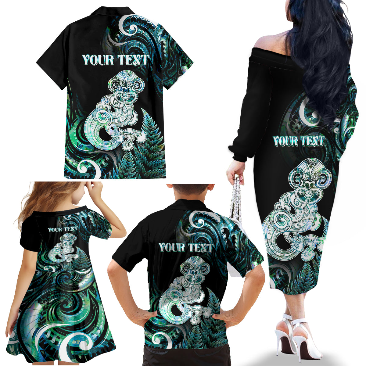 Personalised New Zealand Maori Taniwha Family Matching Off The Shoulder Long Sleeve Dress and Hawaiian Shirt Silver Fern Paua Shell Version LT05 - Polynesian Pride