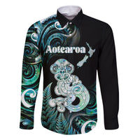 Personalised New Zealand Maori Taniwha Family Matching Off The Shoulder Long Sleeve Dress and Hawaiian Shirt Silver Fern Paua Shell Version LT05 Dad's Shirt - Long Sleeve Turquoise - Polynesian Pride