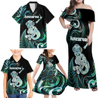 Personalised New Zealand Maori Taniwha Family Matching Off Shoulder Maxi Dress and Hawaiian Shirt Silver Fern Paua Shell Version LT05 - Polynesian Pride
