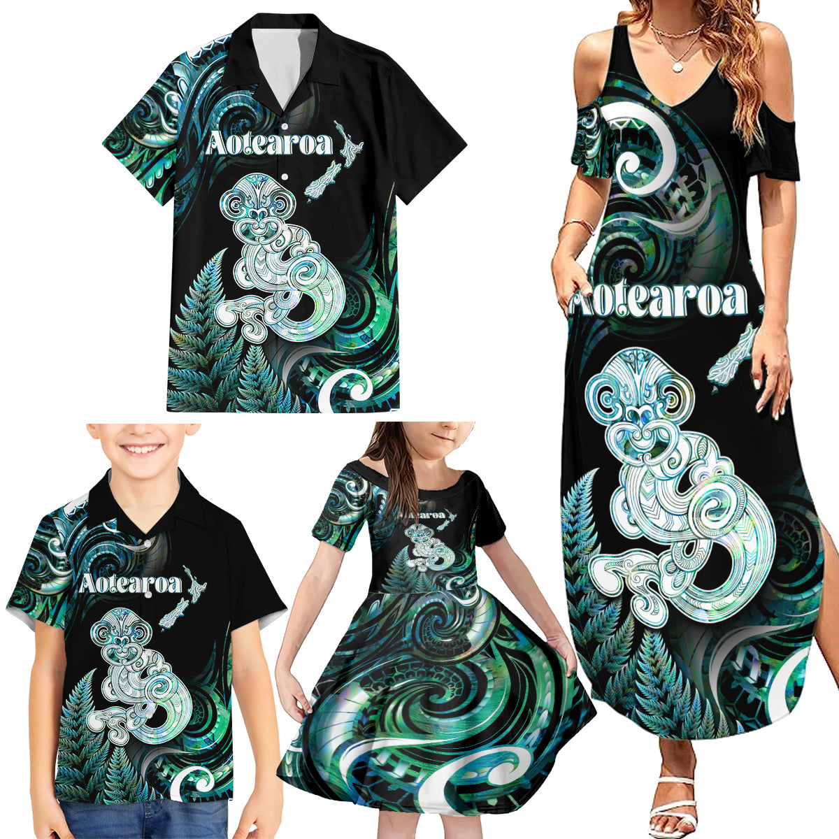 Personalised New Zealand Maori Taniwha Family Matching Summer Maxi Dress and Hawaiian Shirt Silver Fern Paua Shell Version LT05 - Polynesian Pride