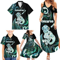 Personalised New Zealand Maori Taniwha Family Matching Summer Maxi Dress and Hawaiian Shirt Silver Fern Paua Shell Version LT05 - Polynesian Pride
