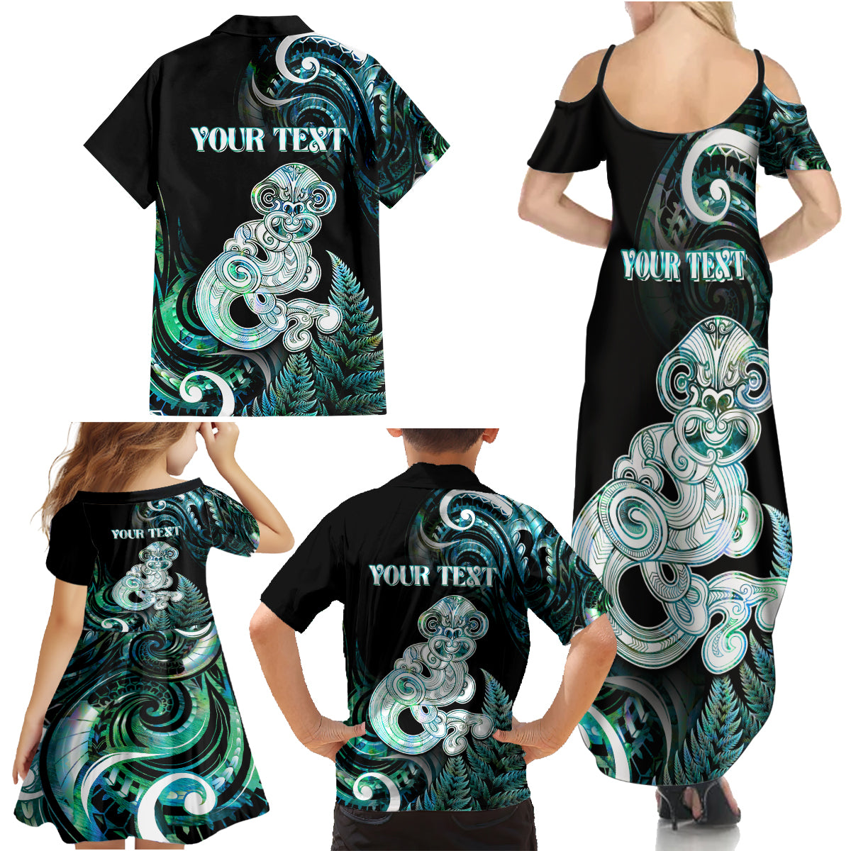 Personalised New Zealand Maori Taniwha Family Matching Summer Maxi Dress and Hawaiian Shirt Silver Fern Paua Shell Version LT05 - Polynesian Pride