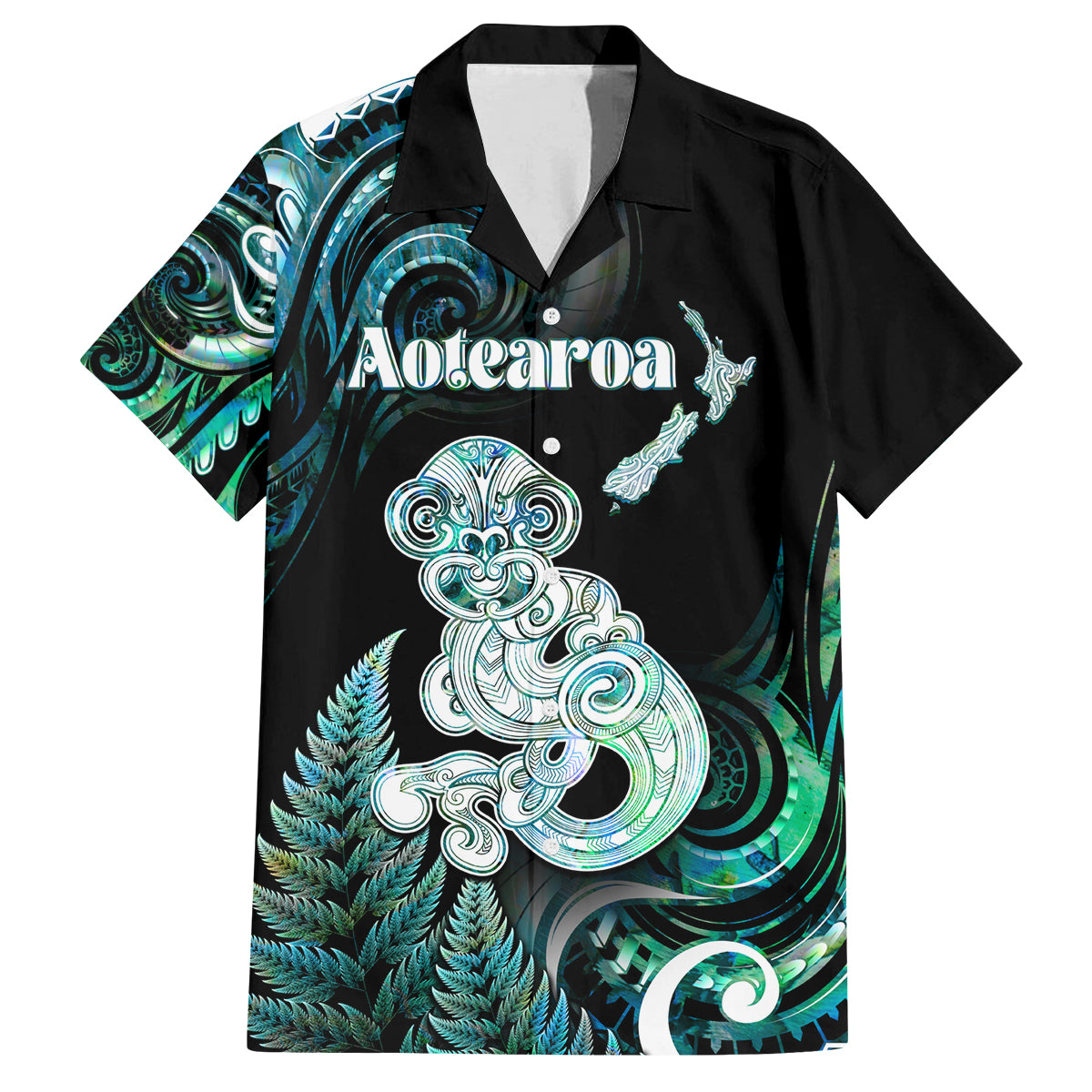 Personalised New Zealand Maori Taniwha Family Matching Summer Maxi Dress and Hawaiian Shirt Silver Fern Paua Shell Version LT05 Dad's Shirt - Short Sleeve Turquoise - Polynesian Pride