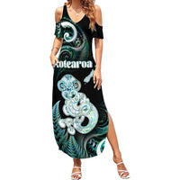 Personalised New Zealand Maori Taniwha Family Matching Summer Maxi Dress and Hawaiian Shirt Silver Fern Paua Shell Version LT05 Mom's Dress Turquoise - Polynesian Pride