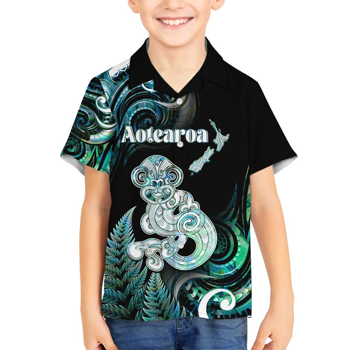 Personalised New Zealand Maori Taniwha Family Matching Summer Maxi Dress and Hawaiian Shirt Silver Fern Paua Shell Version LT05 Son's Shirt Turquoise - Polynesian Pride