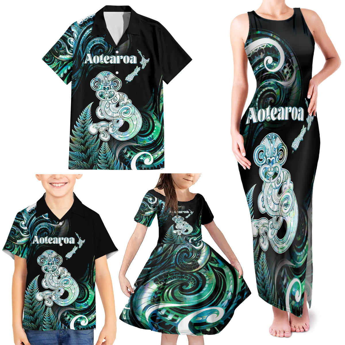 Personalised New Zealand Maori Taniwha Family Matching Tank Maxi Dress and Hawaiian Shirt Silver Fern Paua Shell Version LT05 - Polynesian Pride