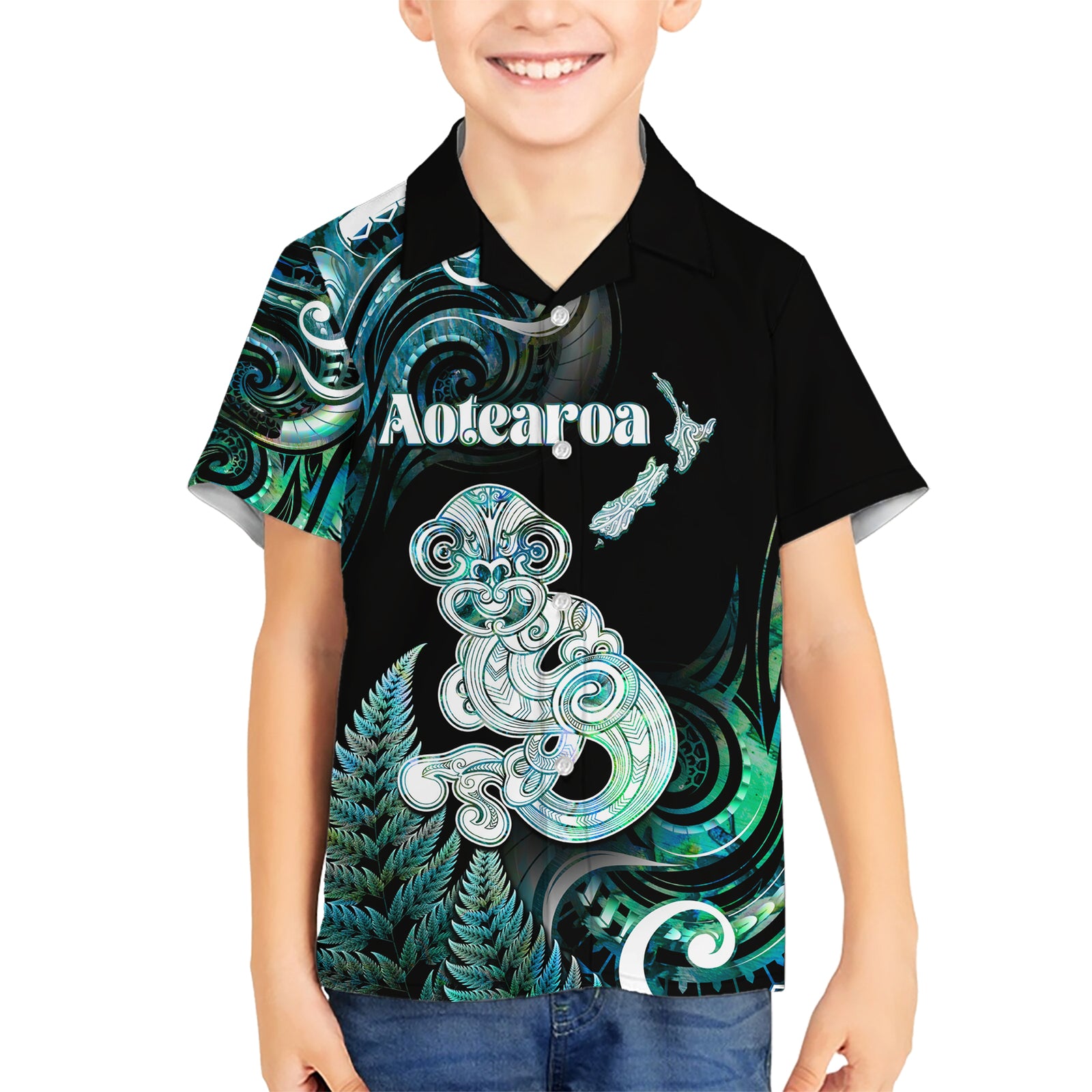 Personalised New Zealand Maori Taniwha Kid Hawaiian Shirt Silver Fern Paua Shell Version LT05 Kid Turquoise - Polynesian Pride