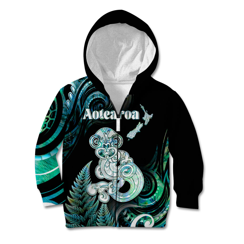 Personalised New Zealand Maori Taniwha Kid Hoodie Silver Fern Paua Shell Version LT05 Zip Hoodie Turquoise - Polynesian Pride