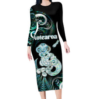 Personalised New Zealand Maori Taniwha Long Sleeve Bodycon Dress Silver Fern Paua Shell Version LT05 Long Dress Turquoise - Polynesian Pride