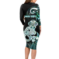 Personalised New Zealand Maori Taniwha Long Sleeve Bodycon Dress Silver Fern Paua Shell Version LT05 - Polynesian Pride