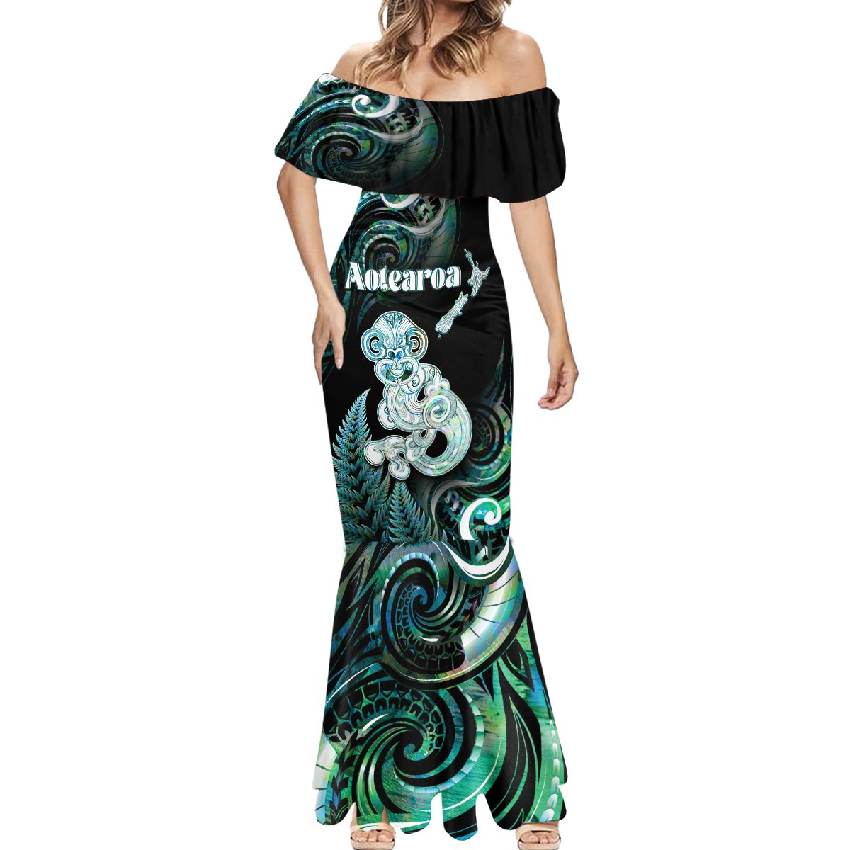 Personalised New Zealand Maori Taniwha Mermaid Dress Silver Fern Paua Shell Version LT05 - Polynesian Pride