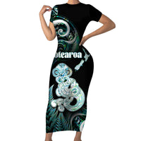 Personalised New Zealand Maori Taniwha Short Sleeve Bodycon Dress Silver Fern Paua Shell Version LT05 Long Dress Turquoise - Polynesian Pride